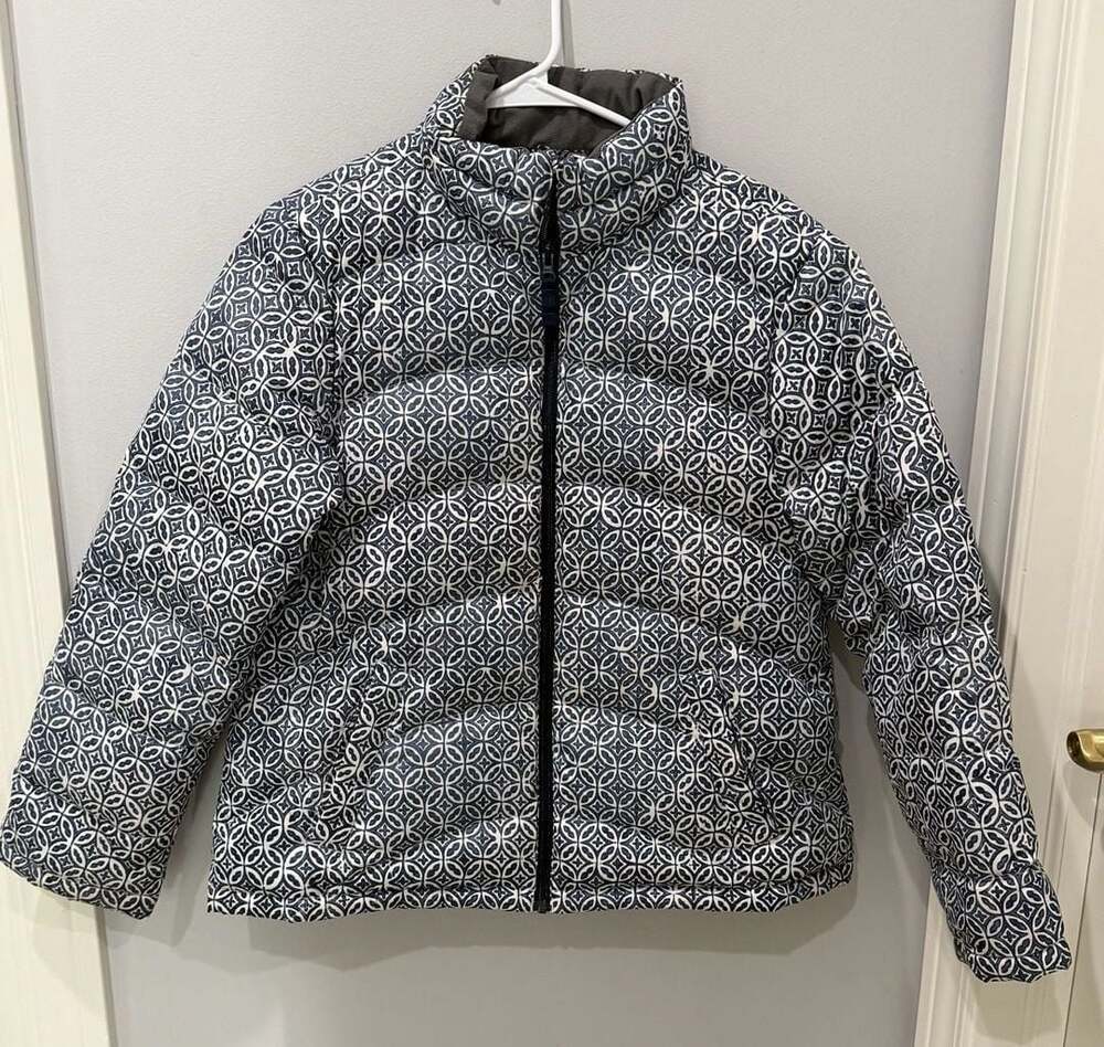 Lands' End Women's Down Puffer Jacket Geometric Blue and White -Med petite